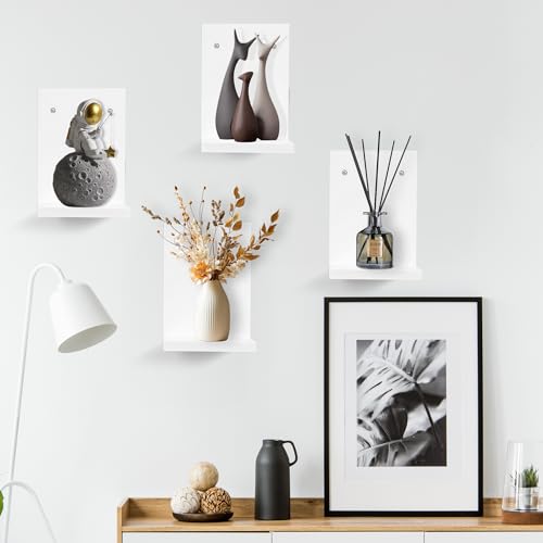 PHOENANCEE Small Wall Shelf Modern,Wooden Mini Floating Shelves,Indoor Wall Mounted Plants Shelf L Shaped,Midcentury Display Decorative Holder for Gallery Living Room Bedroom Porch,Pine,4 Pack(White) - color: White, size: Set of 4