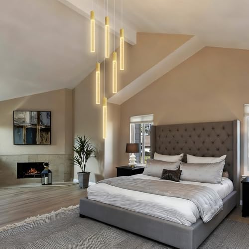 Luxury 6 Light Modern Crystal Pendant Light - 71" High Ceiling Gold LED Dimmable Pendant Light for Bedside Island Kitchen Living Room - color: Gold, size: 6-Light