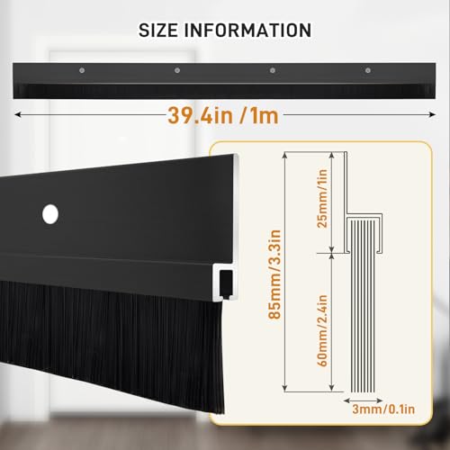 2 Pcs Door Sweep Door Brush Bottom Sweep with H-Shape Aluminum Alloy Base for Home、Industrial,2.4-Inch Door Brush (3.4 Inch Wx39.4Inch L),Black - color: Black+Black, size: 2.4Inch*3.4Inch W*39.4Inch L