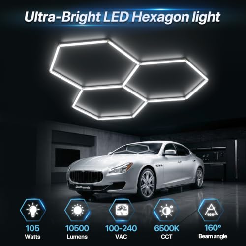 HYPERLITE Gen II Hexagon LED Lights: 105W 10500LM 3 Grids DIY Hexagon Led Lights, 6500K Ultra Bright, Easy Install, Durable Design for Garage, Car Detailing, Workshops, Basement, Gym - size: 3 HEX