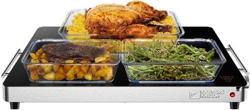 Magic Mill 3 Pack Premium-Grade Glass Food Warmer for Parties Buffet, XL Stainless Steel Modern Electric Warming Tray, Adjustable Temperature Control, Advanced Heating System Size-21x16 (3PK)