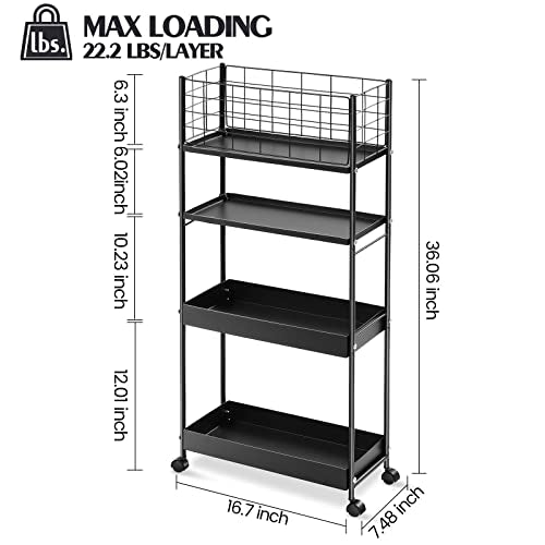 KINGRACK 4 Tier Slim Rolling Cart, Metal Utility Storage Cart with Wheels - color: Black, size: 4-Tier