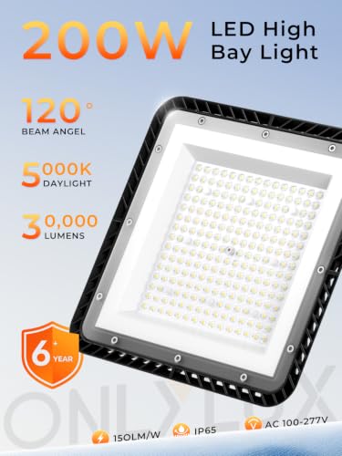ONLYLUX Upgraded Square 200W UFO LED High Bay Light 30000LM 5000K 6 Pack