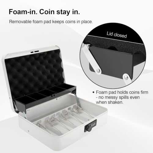 Jssmst Metal Cash Box with Money Tray and Lock, Portable Cash Drawer, 11.8" - color: White Code-A