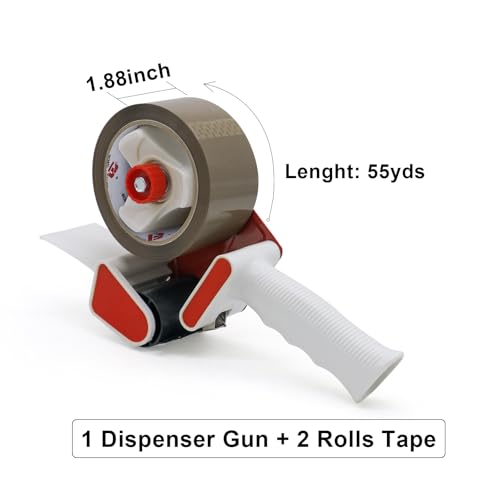 BOMEI PACK Heavy Duty Packaging Tape Dispenser, 2 Inch Tape Gun with Clear Tape, 1 Dispenser + 2 Rolls (Brown) - color: Brown