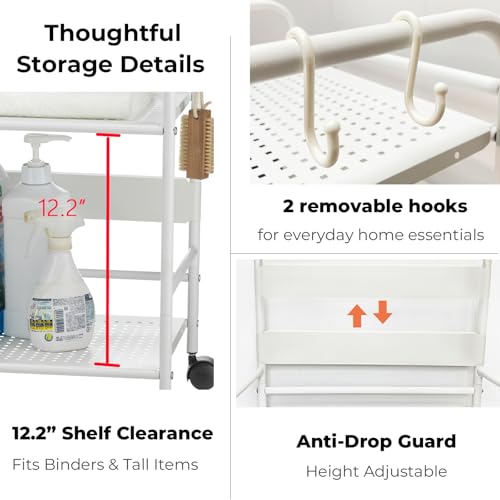 2-Tier Metal Rolling Cart, Compact Under Desk Storage Organizer - color: White