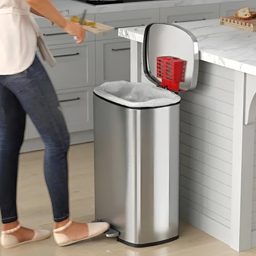 iTouchless 13.2 Gallon / 50L Step Trash Can with Lid | AbsorbX Odor Filter - color: Brushed Silver