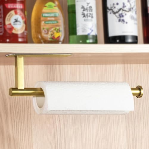 ASTOFLI Paper Towel Holder Under Cabinet No Drilling, Self Adhesive Paper Towel Holder Wall Mount for Kitchen Rack, Under Counter Napin Holder No Drill, RV, 304 Stainless Steel, Gold Brass - color: Gold