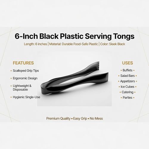 6" Black Mini Serving Tongs 30ct – Disposable Serving Tongs | Small PlasticTongs For Appetizers, Salad Bar, Buffet, Catering | PlasticTongs For Party, Finger Food, Restaurant Utensils In Bulk