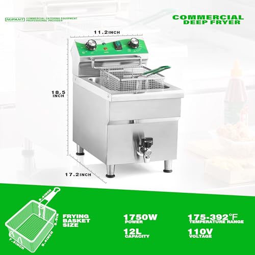 NUPANT 12.7 QT Commercial Fryer Electric Deep Fryer with Basket and Lid,Commercial Deep Fryer with Oil Filtration and Timer, Stainless Steel DEEP FRYER Countertop Fryer for Home Restaurant 110V/1750W - size: 12L