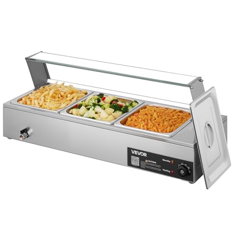 VEVOR Commercial Food Warmer, 1500W Electric Stainless Steel Steam Food Warmer with Glass Cover, Countertop Buffet Bain Marie with Three 1/2 Size Food Pans, for Catering, Restaurant, Party & Buffets - size: 3*1/2Pan
