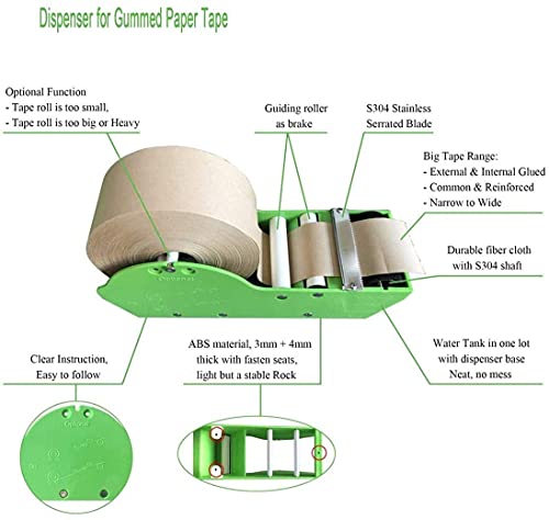 WELSTIK Water Activated Gummed Kraft Paper Tape Packaging Dispenser 3 Inch Green for Shipping, Carton and Box Sealing - color: Green1