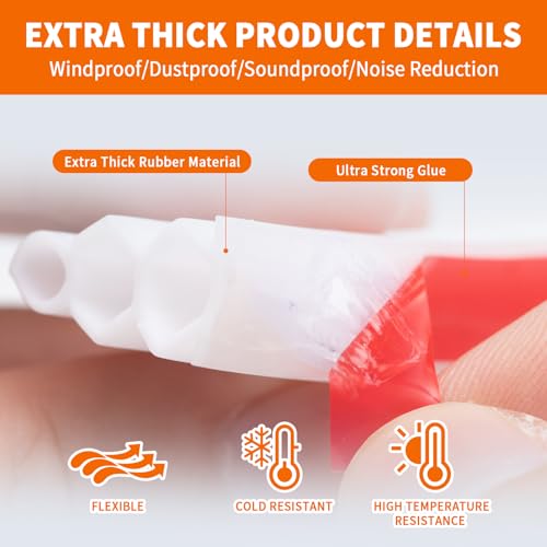 40 Feet Self-Adhesive Rubber Weather Stripping Fits Big Gaps, Extra Thick Rubber Door Weather Stripping Door Seal Strip for Door Frame Door Insulation Strip Waterproof(White) - color: White
