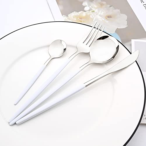 Mirror Cutlery Serving Set, 24-piece 18/0 Stainless Steel Silverware With White Handle Simple & Modern Tableware For Home Party Restaurant Christmas Dinner, Service For 6 (White Silver) - color: White silver