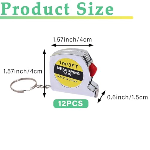12 Pack Mini Tape Measure Keychains, 1.5 Inch Retractable Measuring Tapes with Lock, Small Functional Ruler for Party Favors, Gift Bags, Classroom Rewards, 1m/3ft