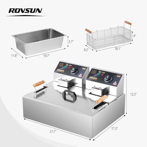 ROVSUN 23.8Qt Commercial Deep Fryer Countertop, Electric Deep Fryer with Basket, Lid & Adjustable Temp, Stainless Steel Kitchen Fat Fryer Frying Machine for French Fries Turkey Onion Rings 5000W - size: Single Fryer-23.8QT