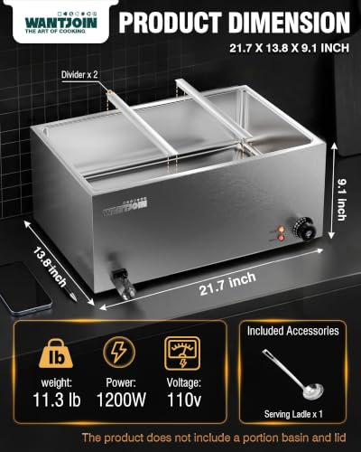 WantJoin Commercial Soup Warmer - Full Size Electric Steam Table Food Warmer, Stainless Steel Bain Marie Warmer with 2 Round Pots, 1500W Countertop Food Warmer for Buffet Restaurant Catering - size: 3 Pan -21QT