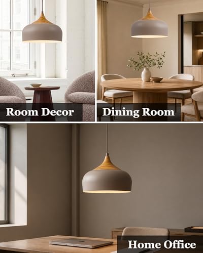 ELYONA 12" Japandi Pendant Light, Farmhouse Pendant Light Fixture with Faux Pine Wood Grain Metal Shade, Adjustable Hanging Light for Kitchen Island Dining Room Bedroom Sloped Ceiling, Caramel Brown - color: Caramel Brown