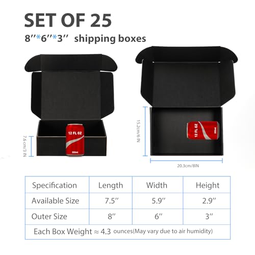 8x6x3 Black Shipping Boxes for Small Business, Packing, 25 Pack - color: Black, size: 8x6x3 inch