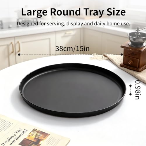 10 Pack Black Round Serving Tray, 15 Inch Non Slip Plastic Food Tray with Raised Edges, Reusable Server Platter for Home Kitchen Restaurant Cafeteria Bar