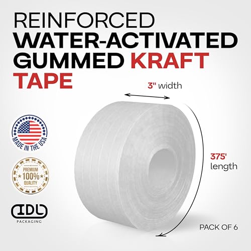IDL Packaging 3" x 375' Water-Activated Kraft Gummed Tape, 70lb (6-Pack) - color: White, 70 lbs
