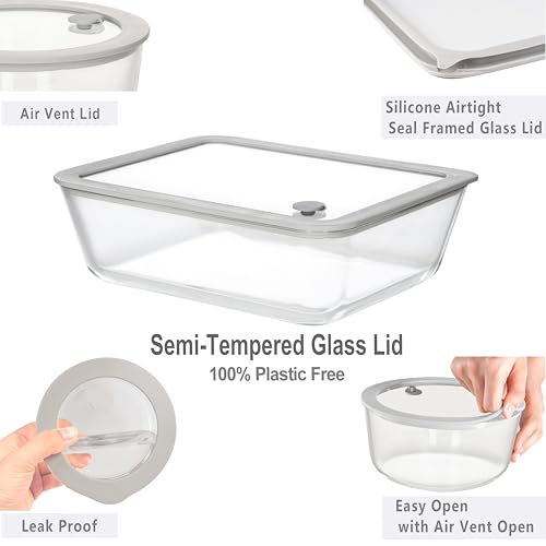 Glass Food Containers with Glass Lid, Microwave Safe Food Storage Container, Large 4 Pack Round Shape, Food Containers with Lids, Meal Prep containers with Leak Proof Lid. - color: Grey-4R