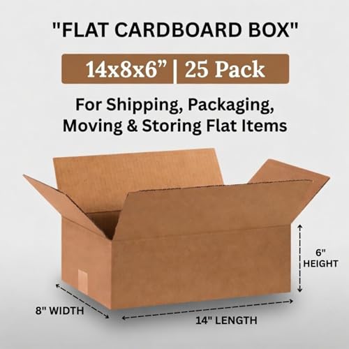 14"L x 8"W x 6"H Flat Shipping Boxes (25-Pack) | Corrugated Cardboard Single-Wall Kraft Boxes for Moving, Packing and Storage of Smaller & Flat Items - size: 14x8x6