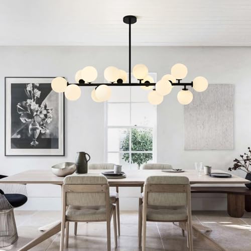 KCO Lighting Farmhouse Dining Room Chandelier Globe Linear Chandelier Black Milk Glass Chandelier 16 Light Sputnik Chandelier Mid Century Modern Hanging Pendant Light Fixture - color: 16 Light-Black