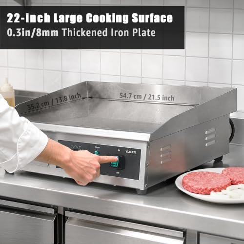 VIKEER Commercial Electric Griddle,22 Inch Large Electric Griddle Stainless Steel Flat Top Grill with Iron Cooking Plate,120-570℉ Adjustable Temperature Control for Home or Restaurant,120V 1600W - size: 22 inch