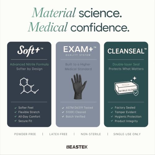 BEASTEK Black Nitrile Disposable Gloves, 4.0 Soft+™ Powder-Free 100 &1000CT - color: 1000 Black (X-large)