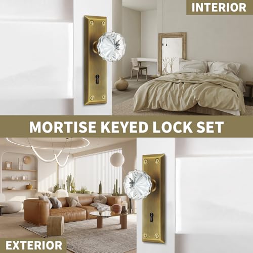 Mortise Lock Set Interior Door, Crystal Glass Door Knobs with Lock and Skeleton Key, Old Door Knob Replacement, Vintage Antique Door Handle, Antique Brass Finish - color: Antique Brass, size: Mortise(1 Pack)