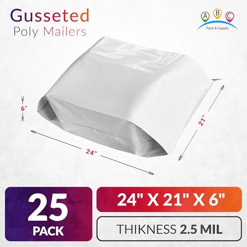 ABC PACK & SUPPLY Gusseted Poly Mailers, 24 x 21 x 6 Inch, 2.5 Mil White Shipping Bags for Clothing, Self Seal Plastic Mailing Envelopes, Pack of 25 - size: 24" x 21" x 6" / 25 Pack