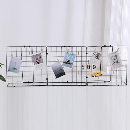 Photo Display Rack, Note Display Rack, Double-sided Photo Metal Rack, Suitable for Use As a Home Desk Photo Organizer, With 30 Wooden Clips, Black - color: Three Grids-Black