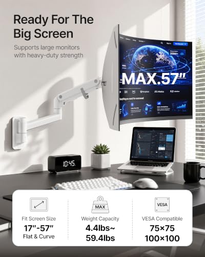 monTEK Single Monitor Wall Mount, 17–57" Gas Spring Arm, Heavy Duty, White - color: White