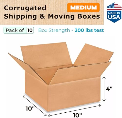 Medium Moving & Shipping Boxes 10x10x4 inches (10-Pack) - Extra Strength 200 lb vs Regular - Corrugated Strong Packing Boxes, Made in USA - Corrugated Box - Medium Shipping Box by IDL Packaging - size: 10 * 10 * 4" (Medium Boxes)
