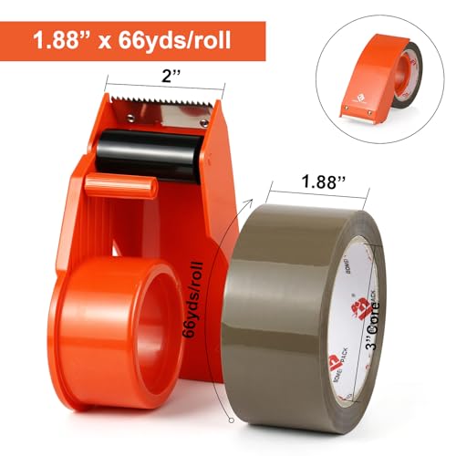 BOMEI PACK Heavy Duty Packing Tape with Dispenser, 12 Rolls + 2 Dispensers