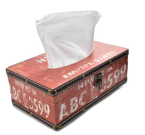 Wood Tissue Box Cover with PU Leather & Vintage Pattern - Rectangle Decorative Tissue Holder for Home, Car, Office, Bathroom, Desk - Fits Standard Medium Tissues with Lid (ABC Red) - color: Abc Red