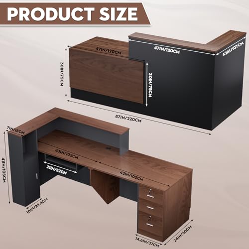 L-Shaped Large Wooden Reception Desk, Modern Front Desk Reception Counter with Lockable Drawers & Storage & Keyboard Tray, for Checkout, Lobby (Left-Walnut/Gray, 87''L x 42''W x 41''H) - color: Walnut+gray, size: Left-87''L x 42''W x 41''H