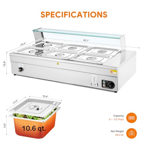 WILPREP 6-Pan Commercial Food Warmer with Sneeze Guard, Six 1/2 Pans, 1500W Countertop Electric Warmer, 86-185°F Adjustable Temp Control, Stainless Steel Buffet Bain Marie - size: 1/2 pan*6
