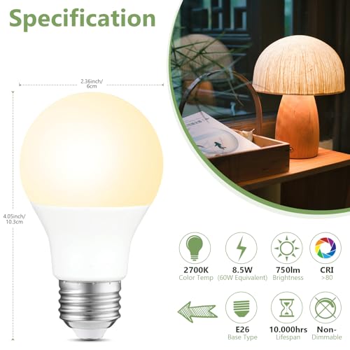 A19 LED Light Bulbs, 60W Equivalent Soft White 2700K, 750 Lumens Non-Dimmable LED Bulbs, Efficient 8.5W, 10000 Hours Long-Lasting E26 Base Standard Bulbs for Bedroom Living Room Kitchen, 10 Pack - color: Soft White, size: 10