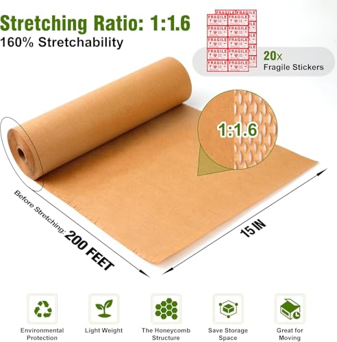 Honeycomb Packing Paper 15" Width X 200 FT for Moving Glass Dishes Recyclable Wrapping Paper Bubble Wrap Packing Material for Shipping Fragile Items Shipping Filler with 20 Fragile Stickers - size: 15"x200'
