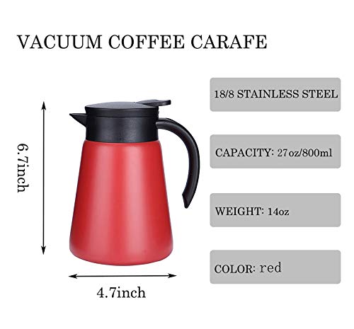 27oz Stainless Steel Thermal Coffee Carafe with Handle, Double Walled Vacuum Insulated Pot for Hot Water, Tea, Coffee, Heat Retention, 800ml (Red) - color: Red