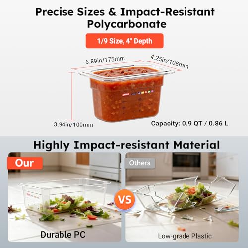 6-Pack 1/9 Size 4" Deep Polycarbonate Food Pans, NSF Commercial Clear Food Pan, Hotel Pan for Sauces, Condiments & Small Prep, Food-Grade with Label Area - color: 1/9 Size, size: 4" Deep