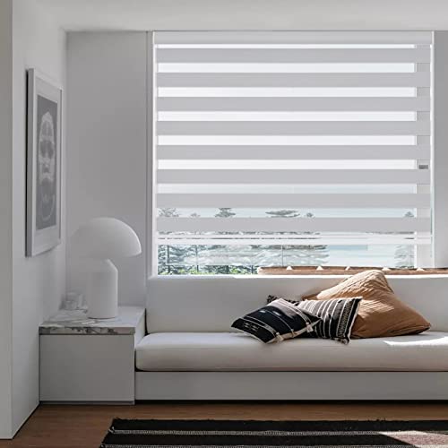Changshade Custom Size Cordless Zebra Blinds for Indoor Window, Light Control Dual Layer Roller Zebra Shades with Thermal Insulated for Home,Living Room Easy Installation Blackout Zebra Blind Grey - color: Grey, size: Drill Installation-Custom Size