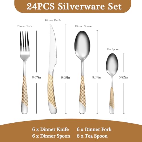 24 Piece Gold Hammered Silverware Set for 6, Premium Food-grade Stainless Steel Flatware Set, Luxury Design & Mirror Polished Cutlery Set, Eating Utensil Set with Fork Knife Spoon, Dishwasher Safe - color: Star Gold 24pcs