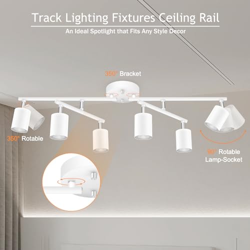 BoostArea 6 Light Track Lighting Kit, White 6 Way Ceiling Spot Lighting, Center Swivel Track Light Heads, Flexibly Rotatable Light Head for Kitchen, Living Room, Bedroom, GU10 Bulb Not Included - color: Rotatable-6 Light-white