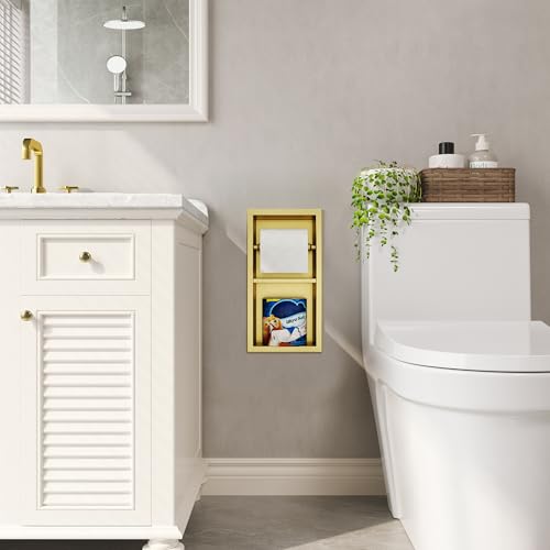 Qeke Recessed Toilet Paper Holder, Dual Rolls Tissue Toilet Holder, Golden - color: Brushed Golden
