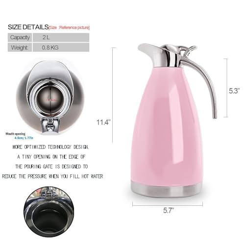 68 Oz Stainless Steel Thermal Carafe - Double Walled Vacuum Insulated Thermos/Carafe with Lid - Coffee/Tea Carafe Heat & Cold Retention - 2 Liter Pink - color: Pink