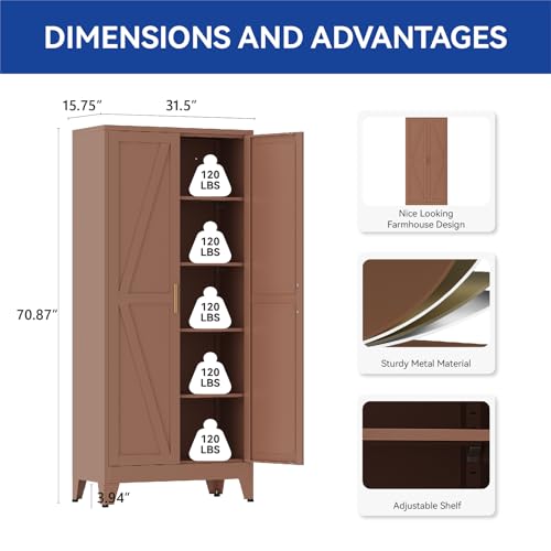COFaR Metal Pantry Cabinet with Doors, Farmhouse 71'' Tall Storage Cabinet with 4 Adjustable Shelves, Kitchen Pantry Cabinet for Dinning Room, Garage, Laundry, Walnut Brown 5-Tier - color: Walnut Brown, size: 15.75''D × 31.5''W × 70.87''H-L01