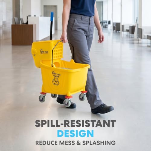 SIMPLI-Magic Side Press Wringer Combo Commercial Mop Bucket on Wheels, 2-Pack, 35 Quart, Yellow, Including Wet Floor Caution Sign and Mop Set, Polyethylene - size: Two Pack